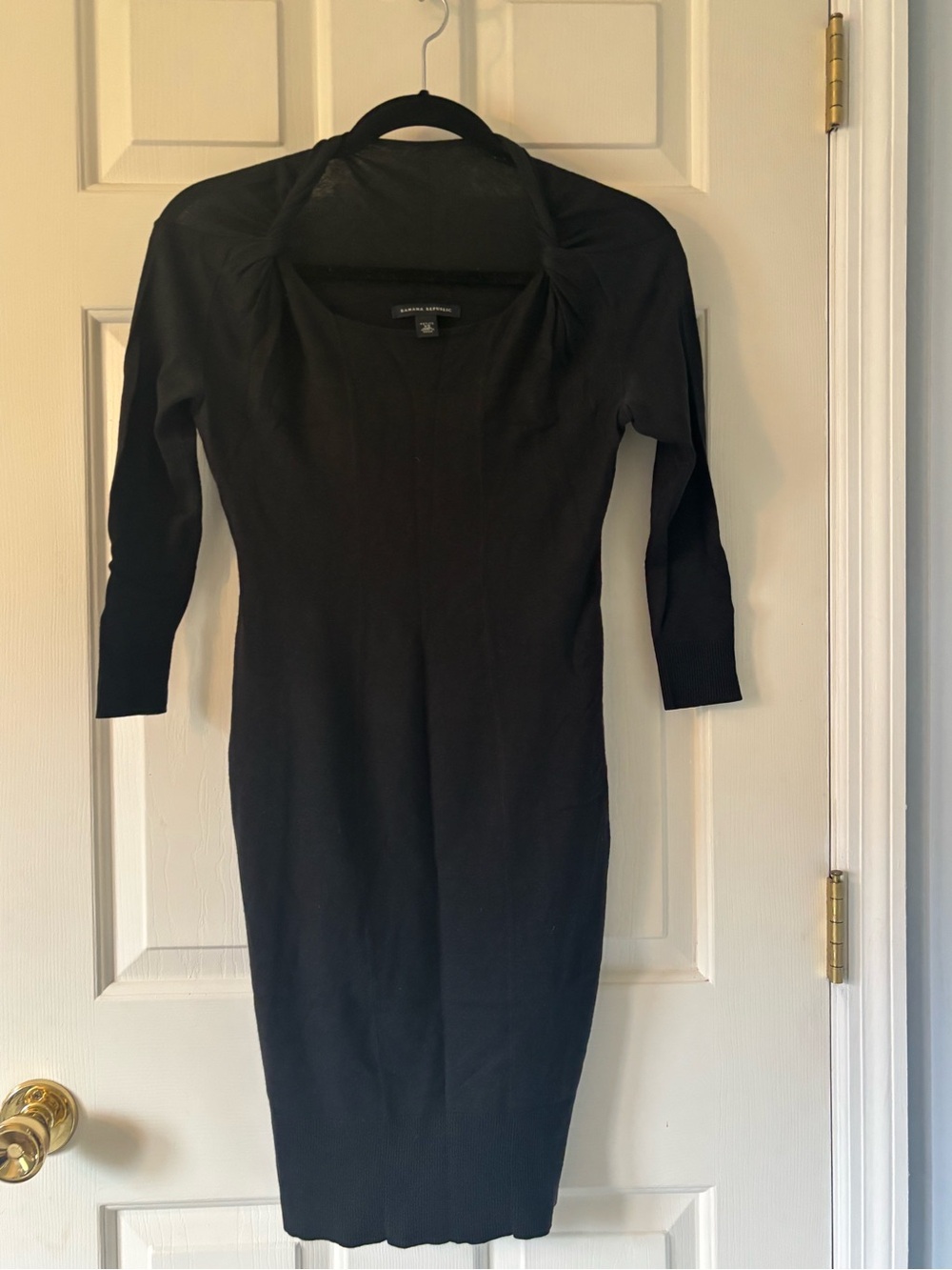 Banana Republic Black Knit Dress – Petite XS | Elegant Draped Neckline